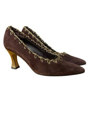 Bally Vintage Chiffon Suede Pointed Toe Gold Tone Woven Heels Pumps Sz 7.5